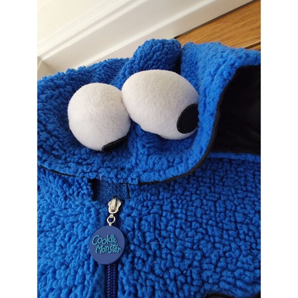 Sesame Street Cookie Monster Blue Fleece Hooded Onesie Pajamas W/ Eyes & Nom Nom - Picture 2 of 5